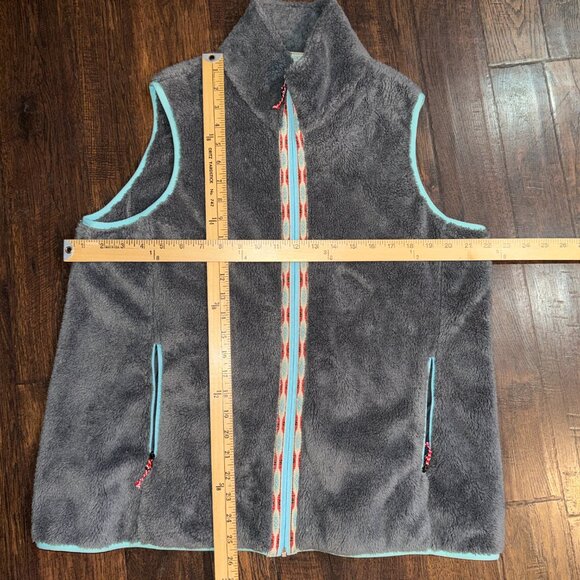 Orvis Wmn L Gray Sherpa Fleece Full Zip Vest Teal Red Trim Aztec Tapestry Rodeo - Picture 4 of 8